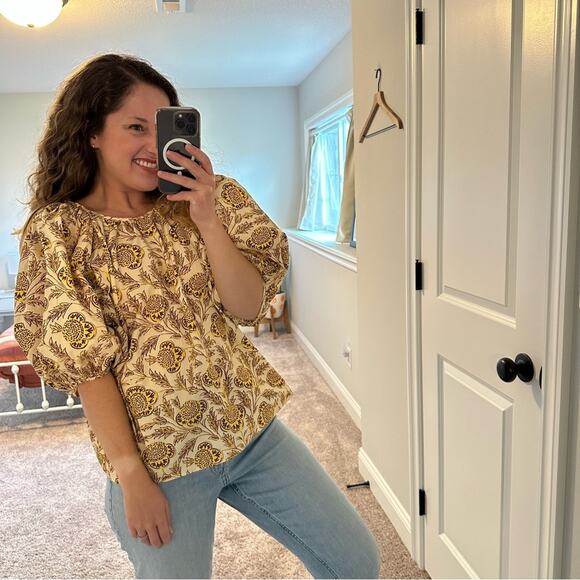 RHODE Cream Yellow Floral Puff Sleeve Blouse Medium - Picture 4 of 11